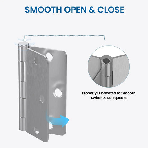 18 Pack Brushed Nickel Door Hinges Three And A Half Inch By Three And A Half Inch Interior Hinge With One Quarter Inch Radius Satin Nickel Finish Built For Steel Residential Doors Fits Bedroom And Standard Doors shown lubricated for smooth movement