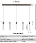 Diagram of 5 Light Pendant Ceiling Light Fixture For Kitchen Island With Crystal Bubble Beads, specifications and dimensions shown