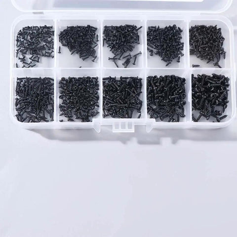 Heavy Duty Micro Self Tapping Screws Pan Head Carbon Steel Black Finish 1000 Pack assorted in clear organizer box.