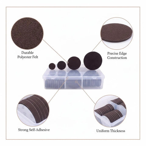 Round Furniture Felt Pads Self Adhesive Brown Floor Protectors for Hardwood Floors in plastic storage box, detailed view