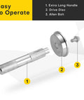 Components of 10 Piece Aluminum Bearing Race And Seal Driver Install Set For Auto Axle Seals, featuring handle, disc, and bolt.