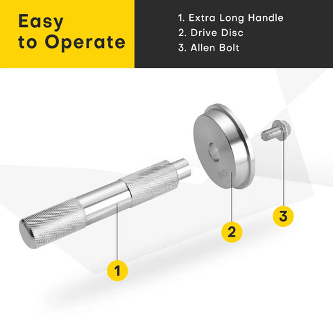 Components of 10 Piece Aluminum Bearing Race And Seal Driver Install Set For Auto Axle Seals, featuring handle, disc, and bolt.