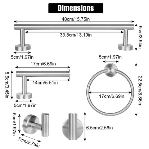 Dimensions of Brushed Nickel Towel Rack Set For Bathroom Stainless Steel 5 Piece Wall Mounted Bath Accessories