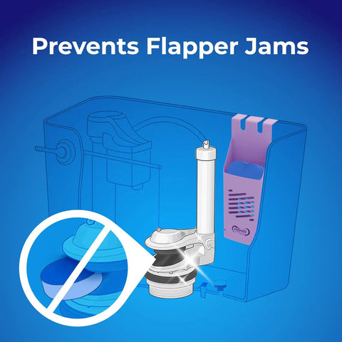 Infiniti Toilet Tank Tablet Holder With Blue Toilet Bowl Tablets, diagram showing prevention of flapper jams
