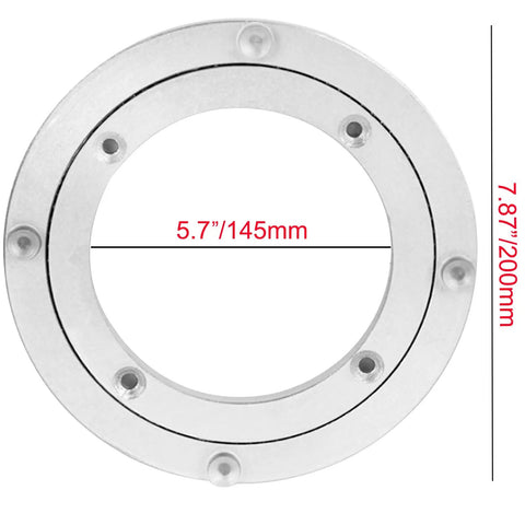 Top view of an 8 inch heavy duty aluminum turntable bearing for lazy susan and dining tables with measurements shown