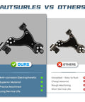 Side-by-side view of front lower control arms with ball joints; black-coated steel suspension components (ours vs others).