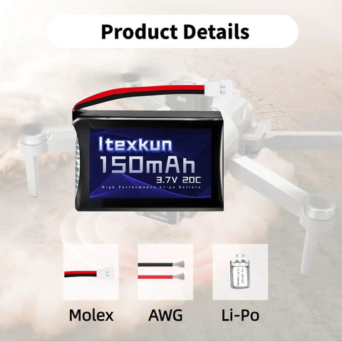 2 Pack 3.7V 150mAh 20C LiPo Battery with USB Cable for JJRC H8 Mini RC Drones, showing detailed specifications and Molex connector.