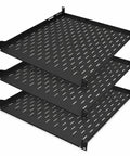 Heavy Duty 1U Server Rack Shelf 3 Pack Featuring Four Post Mount Tray Compatible With Standard 19 Inch Racks stacked black steel trays with ventilation holes.
