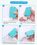 Instruction guide for 6 Hole Puncher For A4 A5 B5 Notebooks And Scrapbooks Handheld Metal Circle Paper Puncher in use on A4 paper.
