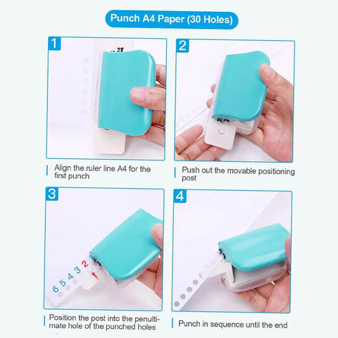 Instruction guide for 6 Hole Puncher For A4 A5 B5 Notebooks And Scrapbooks Handheld Metal Circle Paper Puncher in use on A4 paper.
