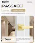 6 Pack Keyless Interior Door Handles With Passage Door Lever In Light Satin Brass Finish installed in hallway