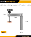 Twofer Pack Aluminum Bench Dog Clamps With Hand Operated Knob Adjustment non slip metal securing clamps dimensions view