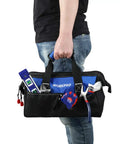 Person carrying 13" portable carry bag from 125 Piece Household Tool Kit With 3.6 Volt Cordless Rechargeable Screwdriver And 13 Inch Portable Carry Bag Great For DIY Projects And Everyday Home Repairs At Home Or On The Go.