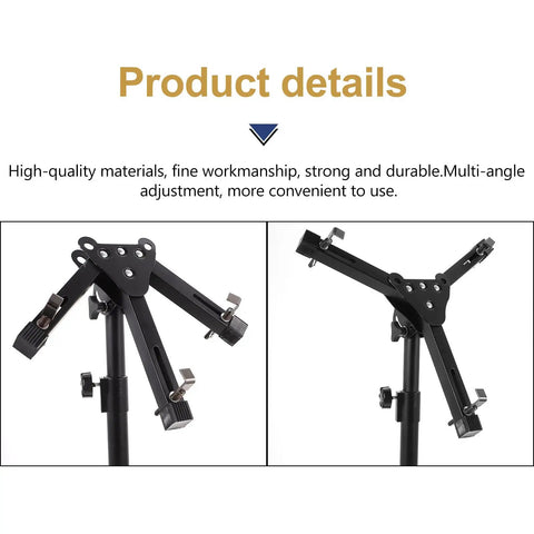 Rock Solid Adjustable 12 Inch Snare Drum Rack Tripod Stand Black Foldable Alloy Practice Rig showing multi-angle adjustments.