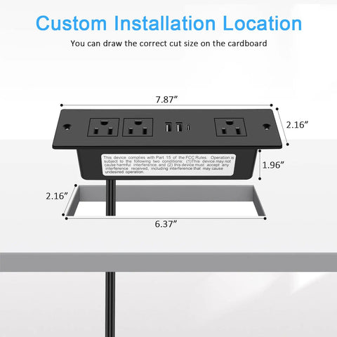 Recessed Desk Power Strip With USB Ports And Flush Mount 6ft Cord, customizable cutout size for installation