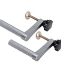 20mm Solid Hold Down Clamp With Hella Tough Grip And Fast Acting Gear Lock For Workbench Saw Holes and stainless steel build with textured handles.