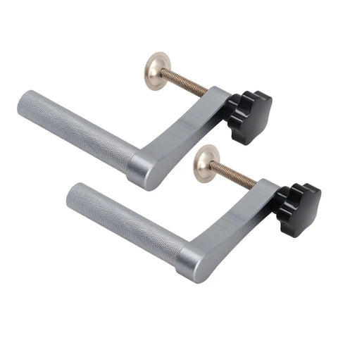 20mm Solid Hold Down Clamp With Hella Tough Grip And Fast Acting Gear Lock For Workbench Saw Holes and stainless steel build with textured handles.