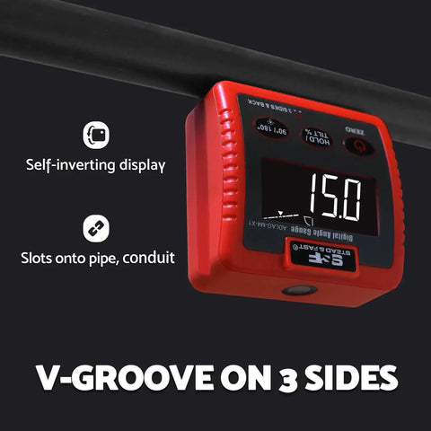 Rock Solid Heavy Duty Magnetic Digital Angle Finder Featuring A Slick Extra Large Auto Invert Lcd Display For Dang Precise Leveling And Easy Shop Job Tracking on a pipe with V-groove design.