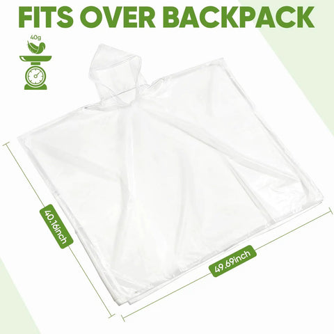 Disposable Rain Ponchos For Adults Ultra Lightweight And Durable Waterproof Lifesaver Rain Gear In Clear Color showing dimensions