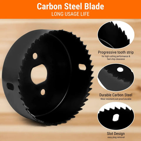 Detail of carbon steel blade from 19-Piece Hole Saw Kit With 3/4 To 6 Inch Hole Saws, 13 Blades, 2 Mandrels, 2 Drill Bits, Installation Plate And Hex Key