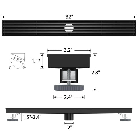 Dimensions of 32 Inch Linear Shower Drain with Removable Wedge Wire Grate Matte Black 304 Stainless Steel Rectangle Floor Drain