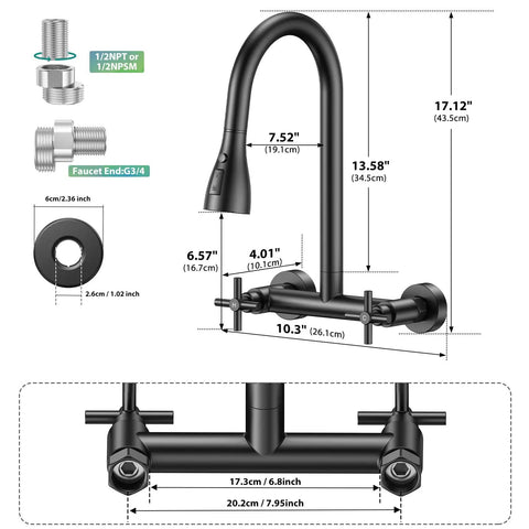 HURRAN Wall Mount Kitchen Faucet with Pull Down Sprayer, Matte Black Kitchen Sink Faucet, 8 Inch, Commercial Kitchen Sink Faucet measurements and parts.