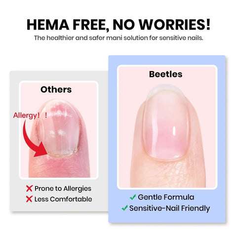 Comparison of nails showing allergy from other products vs Two Piece 15ml HEMA Free Nail Glue And Builder Gel Set benefits