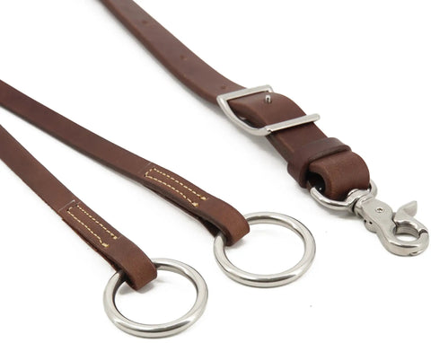 Western Leather Horse Training Fork With Girth Attachment 1 Inch Wide By 28 Inches Long, close-up of leather and buckle details.