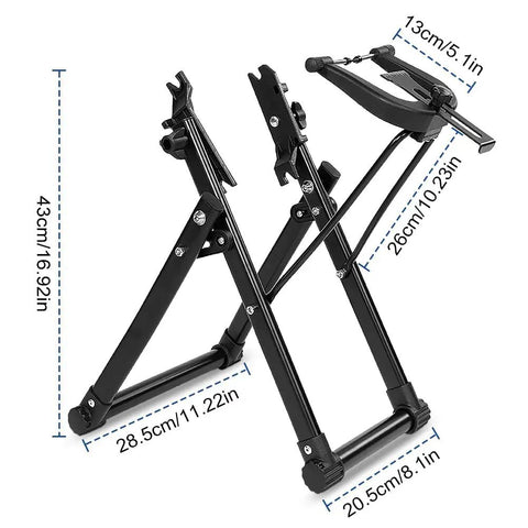 Foldable Bike Wheel Truing Stand With Spoke Wrench For Home Mechanics Aluminum Alloy Frame dimensions shown in inches