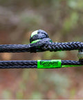 Close-up of Heavy Duty Three Eighth Inch Synthetic Shackle NexGen PRO Gator Jaw in black with HMPE fiber and green label