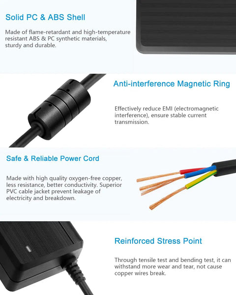 Beefy 5V 10A DC Power Supply For LED Strip Lights 50W with details on PC ABS shell, magnetic ring, reliable cord, stress point.