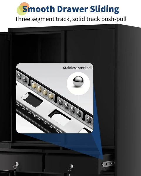 Close-up of drawer track mechanism on 72 Inch Metal Storage Cabinet On Wheels With Locking Doors And Two Drawers.
