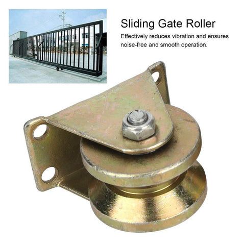 Heavy Duty V Groove Sliding Gate Roller Set For Industrial Doors Built Tough With High Strength Steel Smooth Quiet Operation Rugged Track Rail Dual Bearings Easy Install 2 Pack, shown in close-up with gold-tone finish and mounting bracket.