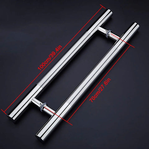 Heavy Duty Gate Hardware Glass Door Handle Thick Stainless Steel Handle Tough As Nails For Wooden Doors And Barn Doors Sliding Door Hardware 9 Sizes 100 By 70 Cm Easy Install And Maintenance, shiny chrome finish front view.