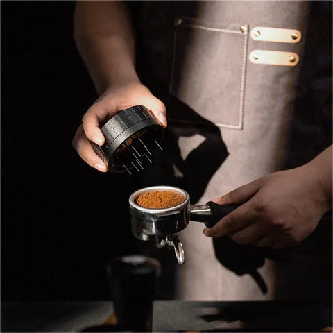Professional Espresso Coffee Distribution Needle And Grounds Stirrer Tool in use over portafilter with coffee grounds for 51mm 54mm 58mm.