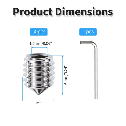 Top Tier 50 Piece M3 X 6mm Allen Hex Socket Set Screws Cone Point Grub Bolts 304 Stainless Steel dimensions with hex key.