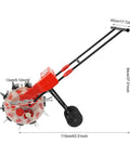 Side view of 10 Nozzles Hand Push Garden Seeder With 8.27 Lbs Seed Storage Box, detailed dimensions and metal frame.
