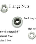 Flange nuts set with 3/8 inch inner diameter, steel material, silver color for rear bicycle hub axle 185mm long 3/8 inch diameter