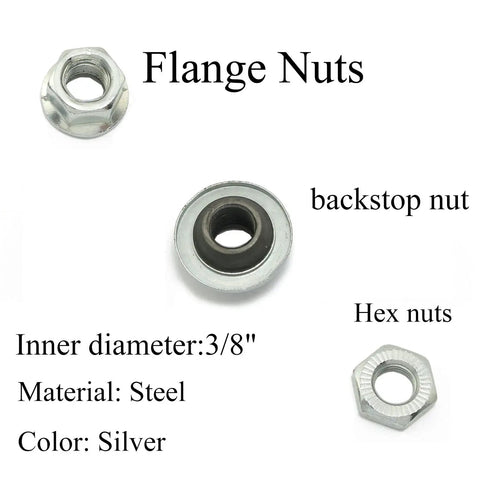 Flange nuts set with 3/8 inch inner diameter, steel material, silver color for rear bicycle hub axle 185mm long 3/8 inch diameter