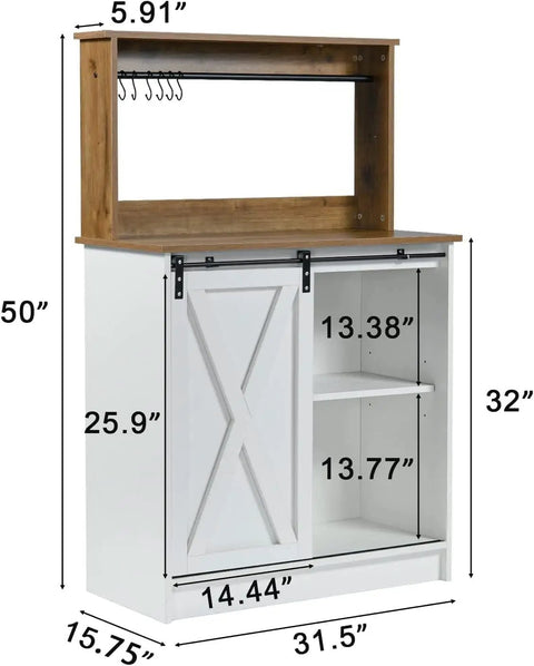 Dimensions of White Farmhouse Coffee Bar Cabinet With Hutch Sliding Barn Door 31 Inch Buffet With Six Mug Hooks and Shelves