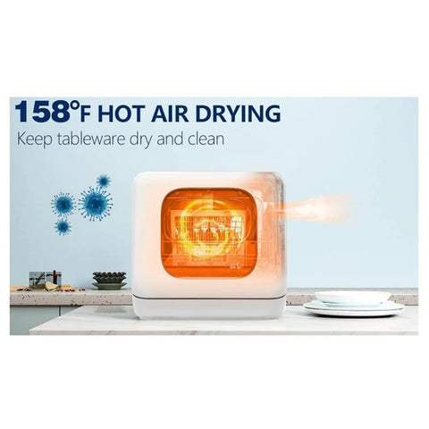 Compact Countertop Dishwasher Packed With Six Quick Wash Cycles And Blast Hot Dry Tech showing 158°F hot air drying feature.