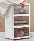 Clear Foldable Door Storage Organizer With Snap On Lids Stackable Polypropylene Hanging Bins with transparent drawers holding items.
