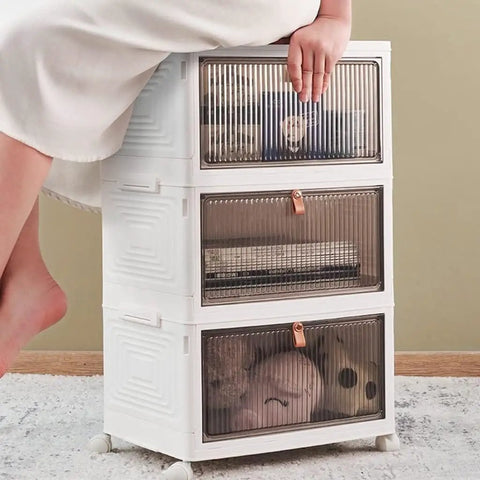 Clear Foldable Door Storage Organizer With Snap On Lids Stackable Polypropylene Hanging Bins with transparent drawers holding items.