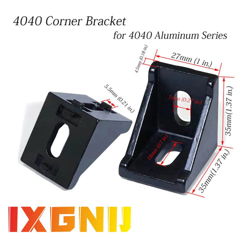Solid 10 Piece 90 Degree Corner Bracket Set For 4040 Aluminum Extrusion 8mm Slot, black finish with precise measurements shown