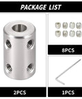 Package list showing Two Pack 6.35mm To 8mm Bore Rigid Shaft Coupler With M4 Set Screws Stainless Steel for 3D printers motors and RC hobby projects.