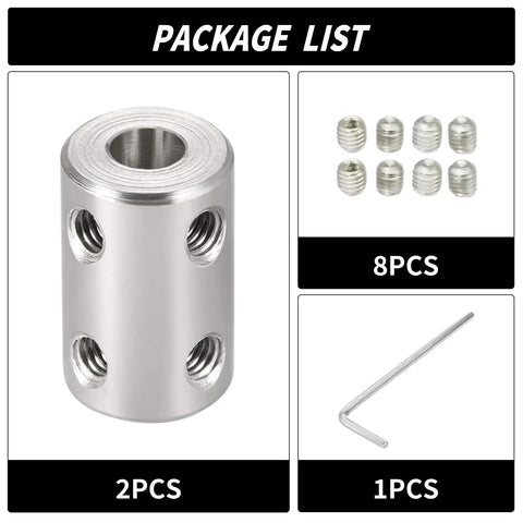 Package list showing Two Pack 6.35mm To 8mm Bore Rigid Shaft Coupler With M4 Set Screws Stainless Steel for 3D printers motors and RC hobby projects.