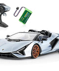 Light blue officially licensed Lamborghini remote control car one six scale Lambo toy car with LED lights, controller, and battery.