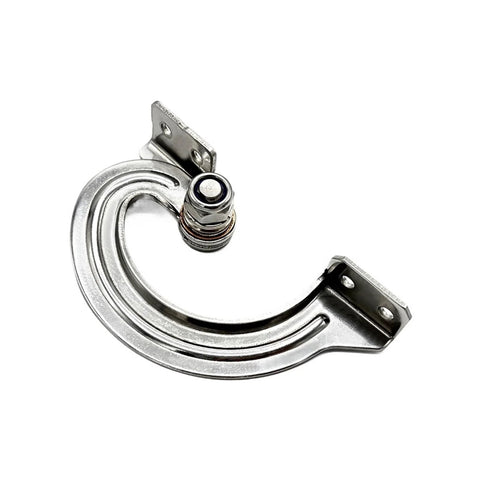 Stainless steel damping hinge with concealed torque; curved ring-style bracket with two mounting flanges.