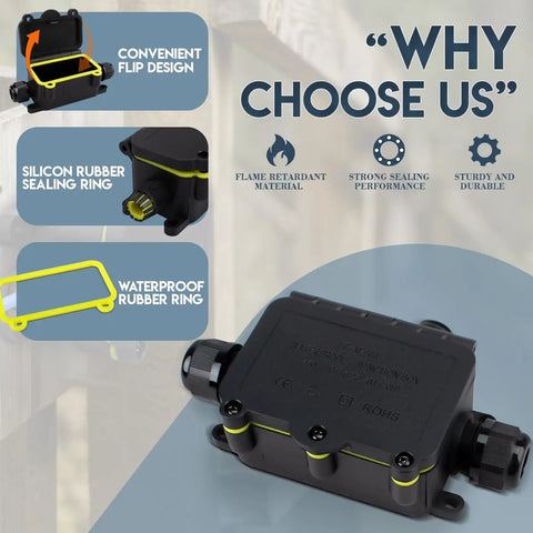 Outdoor Waterproof Electrical Junction Box IP68 3-Way Cable Connector For 5 to 12mm And 3.5 to 10mm Wires, 20A Terminal Block, Built To Last Rugged Weatherproof Box For Outdoor Installations. Black IP68 junction box with flip cover and sealing ring