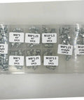 260 Piece Grease Fitting Kit With Storage Box Includes 90 Degree 45 Degree And Straight Hydraulic Fittings For Cars SAE And Metric Sizes Easy Organization And Sizing Chart Included with labeled compartments of fittings.